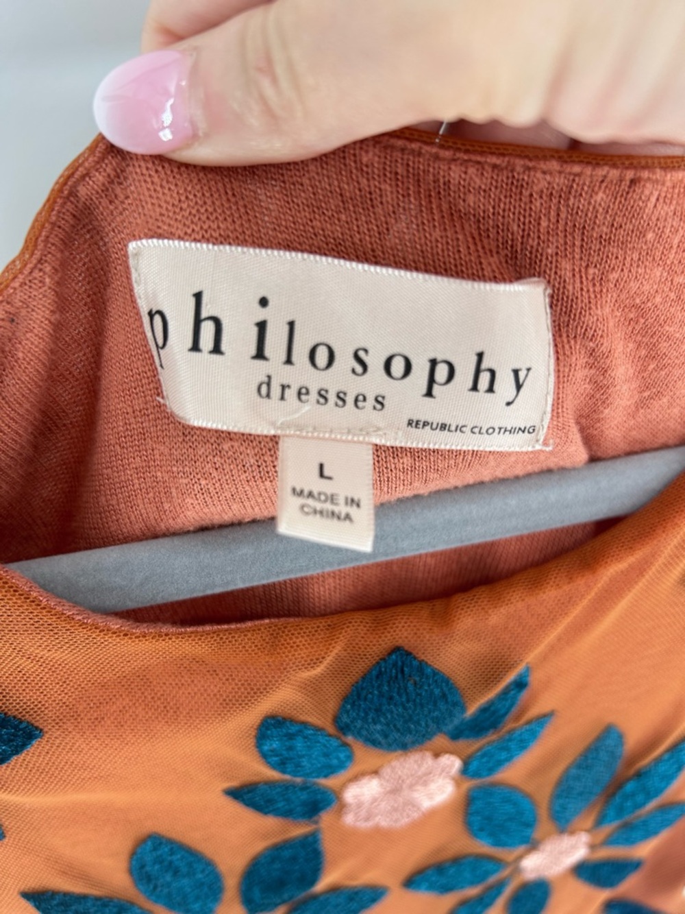 Philosophy Embroidered Rust Orange Floral Mesh Dress | Large - Picture 3 of 4